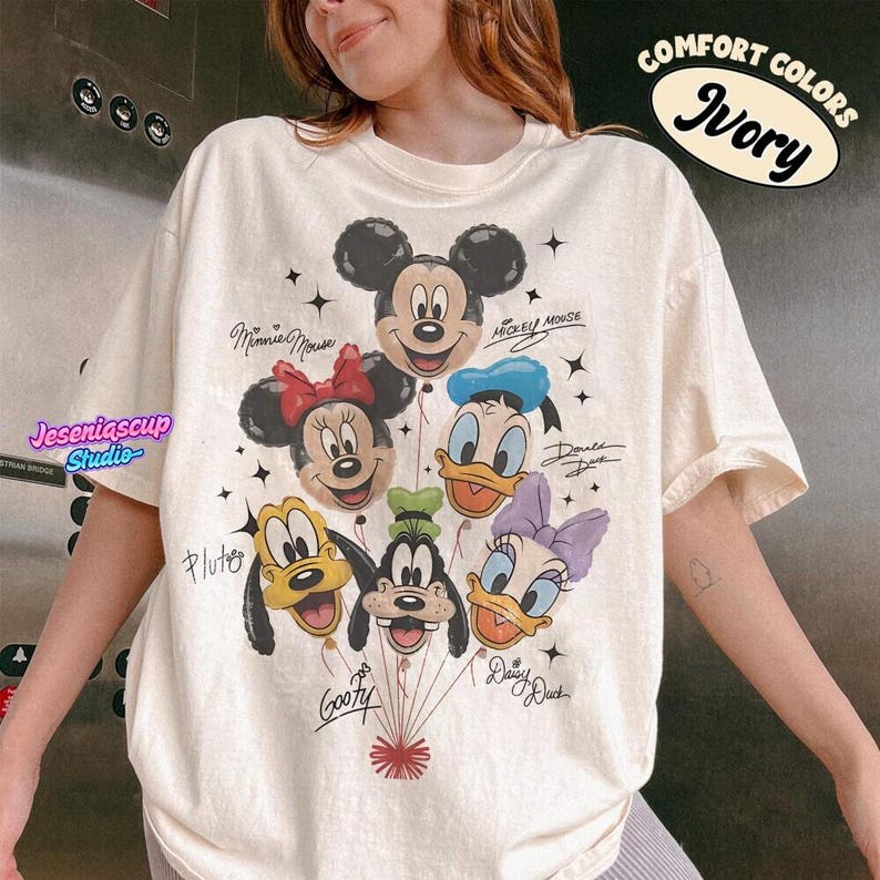Retro Mickey and Friends Balloon Shirt, Mickey Minnie Donald Daisy Goofy Pluto, Disneyland Trip Family Outfit, Cute Disneyland Friends Tee image 1