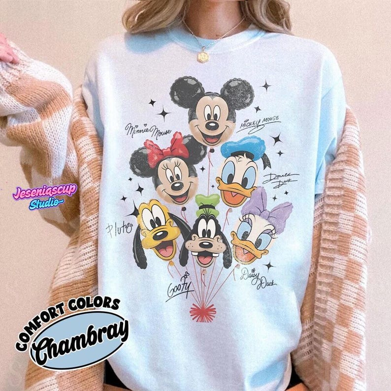 Retro Mickey and Friends Balloon Shirt, Mickey Minnie Donald Daisy Goofy Pluto, Disneyland Trip Family Outfit, Cute Disneyland Friends Tee image 4