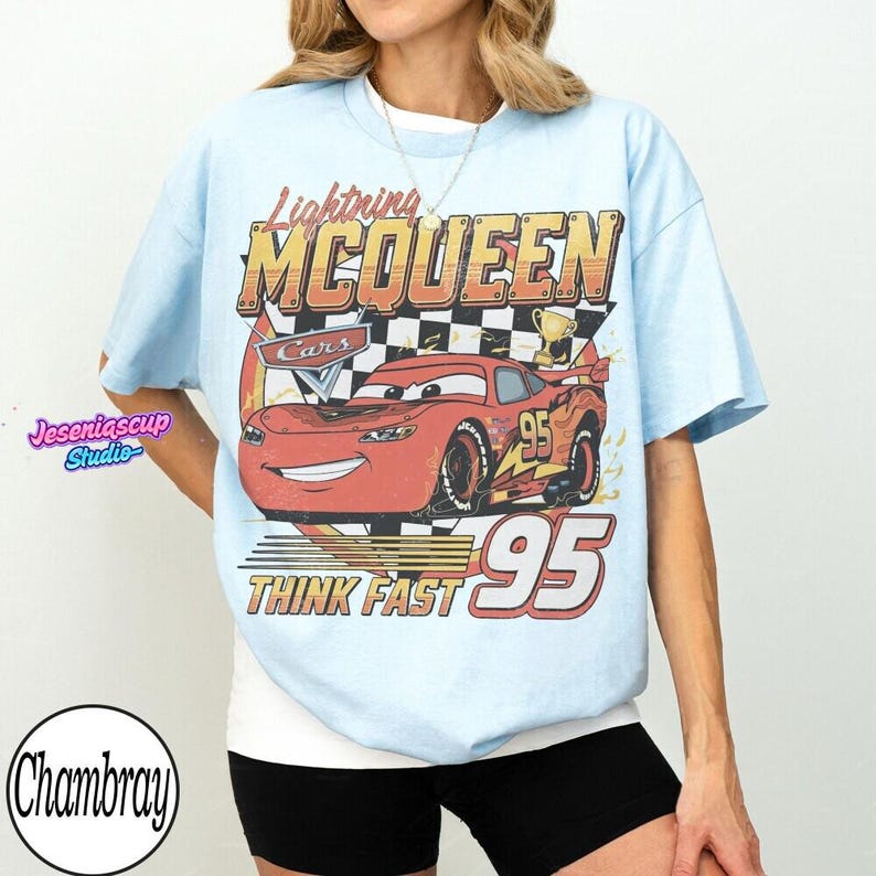 Vintage Lightning McQueen Comfort Colors Shirt, Pixar Cars Tee, Retro McQueen Graphic Tee, Disneyworld Family Vacation Trip 2026 Tee image 4