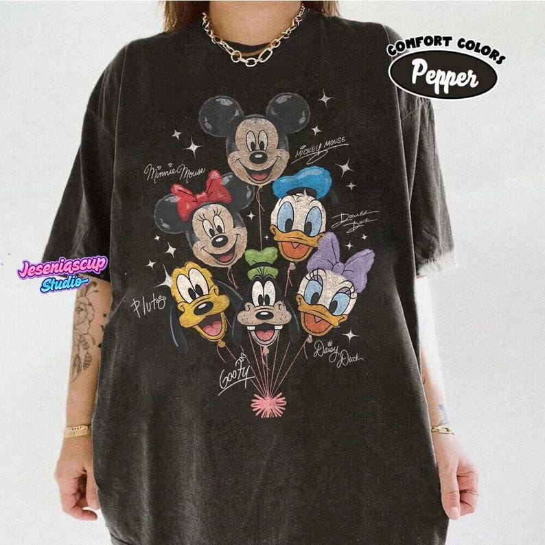 Retro Mickey and Friends Balloon Shirt, Mickey Minnie Donald Daisy Goofy Pluto, Disneyland Trip Family Outfit, Cute Disneyland Friends Tee image 2