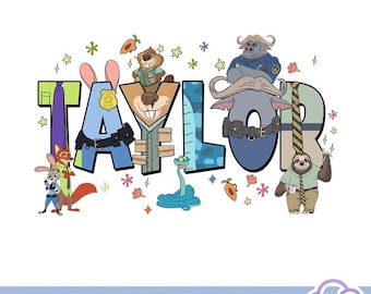Personajes de Zootopia 2 de Disneyland con nombre personalizado en formato PNG: Judy, Nick Wilde, Gary De Snake, Viaje familiar a Disneyland, Cumpleaños de Zootopia 2