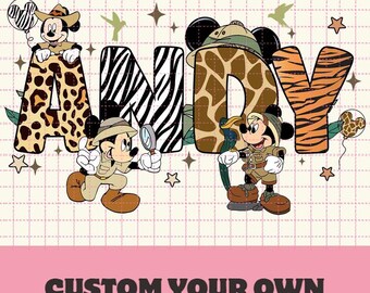 Immagine PNG personalizzata di Topolino in stile safari per il compleanno, immagine PNG di Topolino per il compleanno con nome personalizzato, immagine PNG di compleanno a Disneyland, download digitale di Magic Kingdom