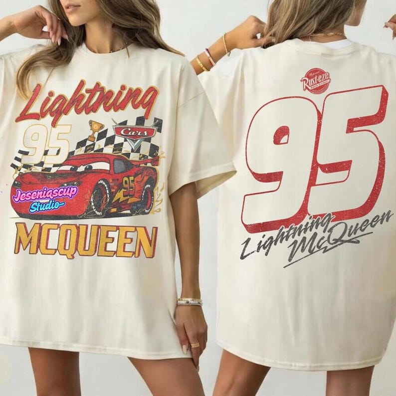 Retro Two Sided Lightning Mcqueen Comfort Colors Shirt, Disneyland Cars Shirt, Disneyland Pixar Cars Shirt, Cars Family Vacation 2026 Tee image 1