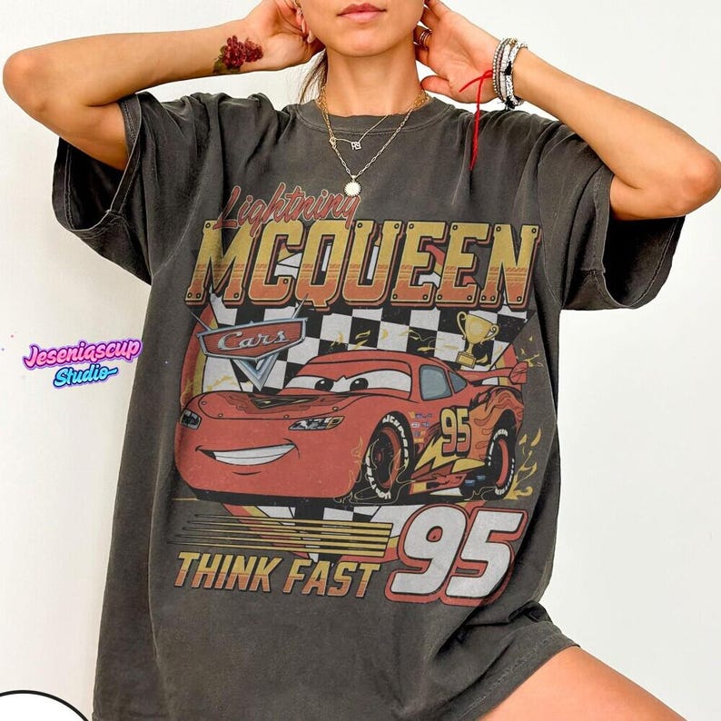 Vintage Lightning McQueen Comfort Colors Shirt, Pixar Cars Tee, Retro McQueen Graphic Tee, Disneyworld Family Vacation Trip 2026 Tee image 1