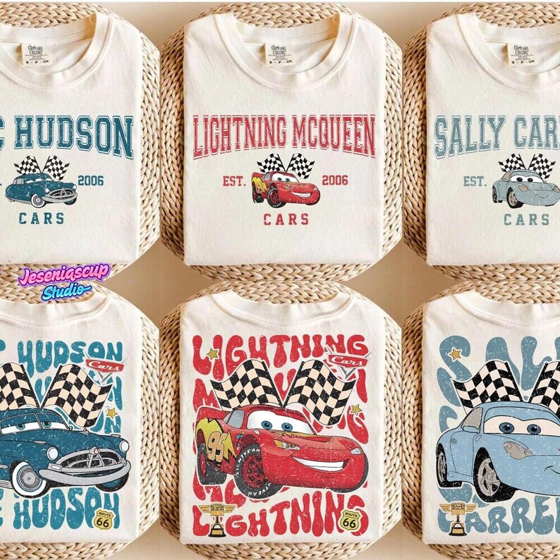 Comfort Colors Vintage Custom Name Pixar Cars Shirt, Lightning McQueen Mater Radiator Springs, Disneyland Family Trip 2026 Tees image 1