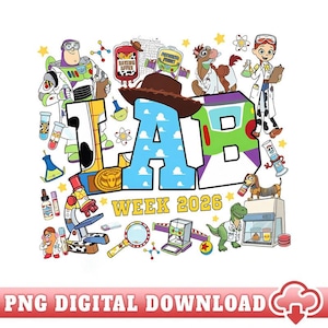 May include: A colorful graphic featuring the word "LAB" with the letters designed as a rocket, and a cowboy hat. The image includes cartoon characters and lab equipment, with the text "WEEK 2026". The bottom banner reads "PNG DIGITAL DOWNLOAD".