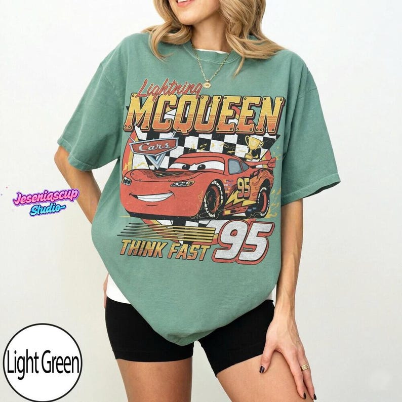 Vintage Lightning McQueen Comfort Colors Shirt, Pixar Cars Tee, Retro McQueen Graphic Tee, Disneyworld Family Vacation Trip 2026 Tee image 7
