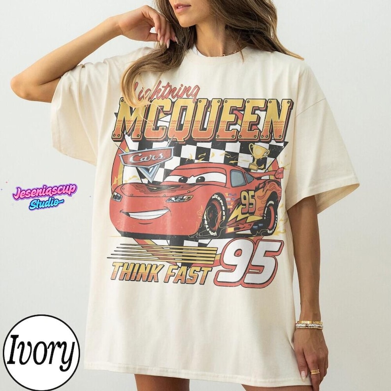 Vintage Lightning McQueen Comfort Colors Shirt, Pixar Cars Tee, Retro McQueen Graphic Tee, Disneyworld Family Vacation Trip 2026 Tee image 2