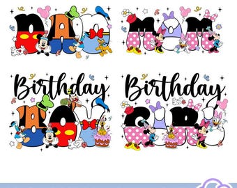 Paquete de imágenes PNG a juego para la familia de cumpleaños de Mickey y sus amigos, PNG de cumpleaños de Disneyland, PNG de niña y niño de cumpleaños, descarga digital de viaje a Magic Kingdom