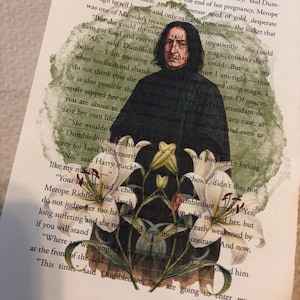 May include: A book page featuring printed text from Chapter Thirteen, overlaid with a central illustration of a person in a black robe standing behind a cluster of white lilies, all set against a soft, green, watercolor-style circular background.