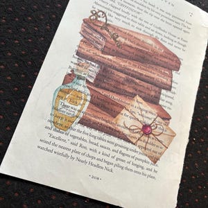 May include: A page from a book titled Chapter Eleven, page 208, featuring a printed illustration of a stack of books, a potion bottle labeled Poison, and a sealed envelope with a red wax seal, all layered over the black text of the story.
