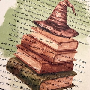 May include: A brown pointed wizard hat resting on top of a stack of three books. The books are colored in shades of brown and dark green. The entire illustration is superimposed over a page of printed English text from a book.