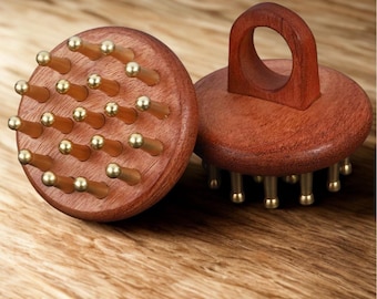 Cepillo masajeador de cuero cabelludo de madera / Masajeador corporal anticelulítico / Herramienta de masaje redonda de madera con mango / Cepillo para relajación y mejora de la circulación sanguínea