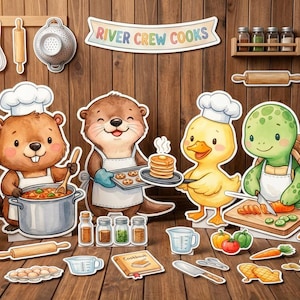 May include: A charming illustration of cartoon animals in a kitchen setting. A beaver stirs a pot, an otter holds cookies, a duck presents pancakes, and a turtle chops vegetables. The banner reads "River Crew Cooks". Kitchen utensils and ingredients are also shown.