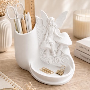 Fairy Mushroom Pen Pot Holder, Whimsical Woodland Desk Tidy, 3D Printed Stationery Organiser