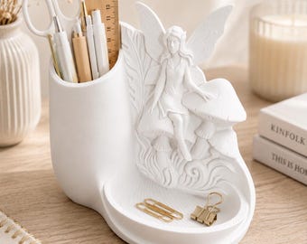 Fairy Mushroom Pen Pot Holder, Whimsical Woodland Desk Tidy, 3D Printed Stationery Organiser