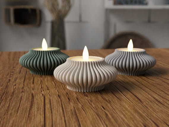 Matte PLA Ribbed Tealight Holder | Scandinavian Modern Candle Decor (LED)