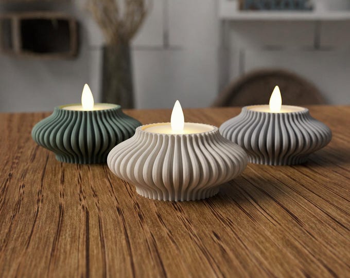 Matte PLA Ribbed Tealight Holder | Scandinavian Modern Candle Decor (LED)