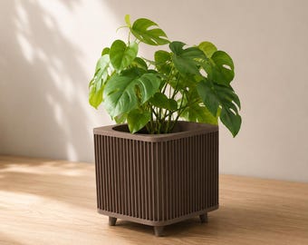 Modern Ribbed Square Plant Pot with Legs, 3D Printed Minimalist Planter