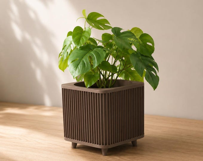Modern Ribbed Square Plant Pot with Legs, 3D Printed Minimalist Planter