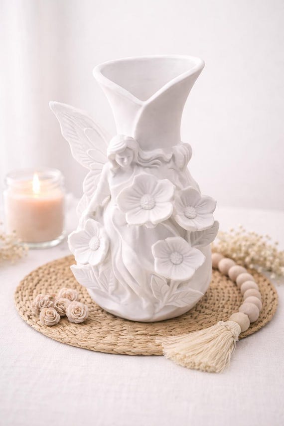 White Fairy Vase, Cottagecore Flower Vase, Whimsical Pixie Home Decor, Floral Angel Sculpture, Romantic Gift for Her, Fairycore Art