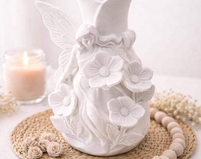 White Fairy Vase, Cottagecore Flower Vase, Whimsical Pixie Home Decor, Floral Angel Sculpture, Romantic Gift for Her, Fairycore Art