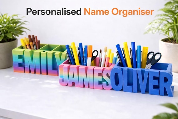 Personalised Name Desk Organiser | Custom 3D Printed Pen Holder, Stationery Storage