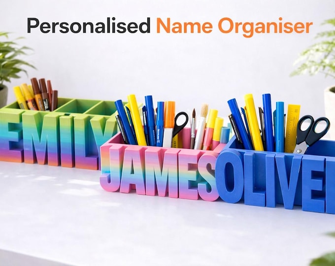 Personalised Name Desk Organiser | Custom 3D Printed Pen Holder, Stationery Storage