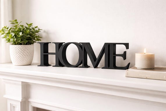 Home Sign Freestanding | Modern Shelf Decor | Minimalist Mantel Decoration | Housewarming Gift | Tabletop Word Sign