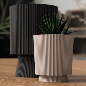Può includere: Due vasi per piante cilindrici con una texture a coste verticali. Un vaso è nero opaco e più alto, mentre l'altro è di colore beige chiaro e più basso, contenente una piccola pianta succulenta verde con foglie appuntite.