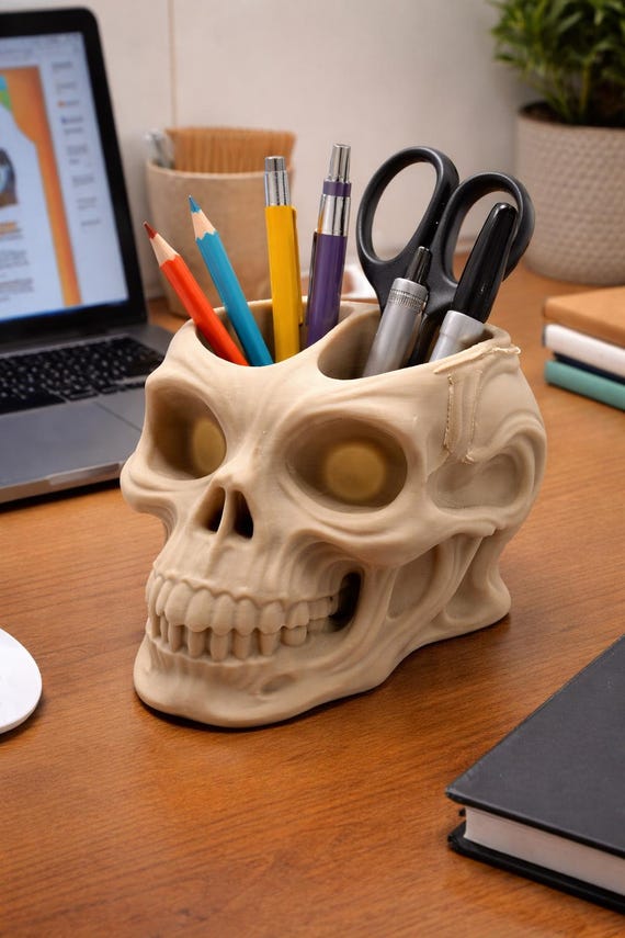 Skull Pen Holder | Gothic Desk Organizer, Makeup Brush Storage, Office Decor
