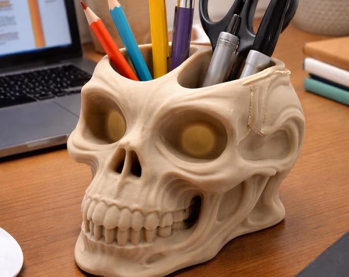 Skull Pen Holder | Gothic Desk Organizer, Makeup Brush Storage, Office Decor