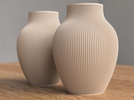 Ribbed Decorative Vase, Modern Beige Japandi Home Decor, Scandinavian Table Centerpiece
