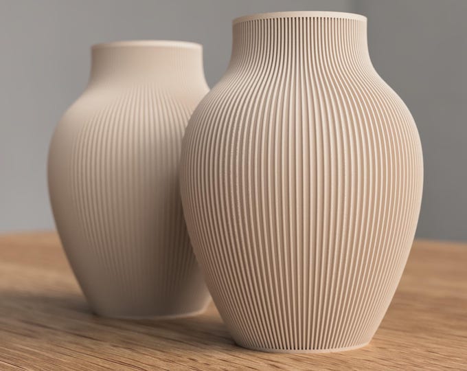 Ribbed Decorative Vase, Modern Beige Japandi Home Decor, Scandinavian Table Centerpiece