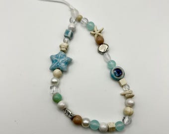 Ocean Beaded Phone Charm – Beach Inspired Wrist Strap, Starfish Charm, Coastal Aesthetic Phone Accessory