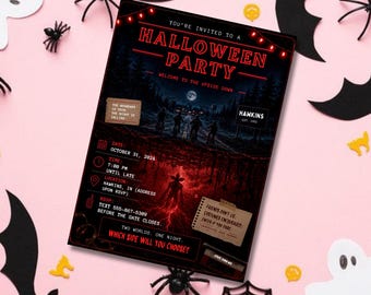 May include: A rectangular Halloween party invitation featuring a dark, atmospheric design with red text, a silhouette of figures on bicycles, a monster, and the text: You're invited to a Halloween party, Welcome to the Upside Down, Hawkins, and more.