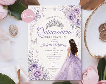 May include: A rectangular Quinceañera invitation card featuring a purple tiara graphic, lavender roses, and butterflies. The text reads: Please join us for a Quinceañera celebration honouring Isabella Martinez, Saturday, May 17th, 20XX at 5:00 PM.