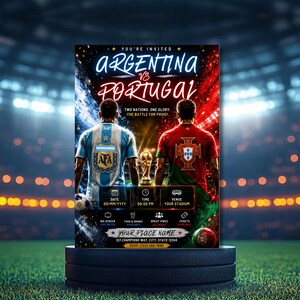 Może przedstawiać: Ulotka wydarzenia sportowego przedstawiająca dwóch piłkarzy w koszulkach Argentyny i Portugalii stojących plecami do siebie. Pomiędzy nimi znajduje się złote trofeum. Tekst zawiera "ARGENTINA VS PORTUGAL", "TWO NATIONS. ONE GLORY. THE BATTLE FOR PRIDE." oraz miejsca na szczegóły wydarzenia.