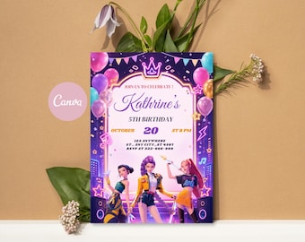 May include: A rectangular birthday invitation card featuring a purple neon-themed background with balloons, stars, and musical notes. The text reads: Join us to celebrate! Kathrine's 5th birthday, October 20 at 8 PM, 123 anywhere st., any city, st 4567, RSVP at 333-666-999. Three animated characters are depicted at the bottom.