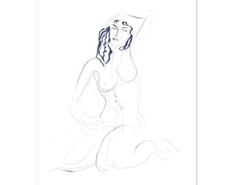 Zittende vrouw tekenen Art Print — Zeer fijne tekeningen met blauw haar