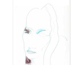 Vrouw gezicht portret aquarel lijntekening