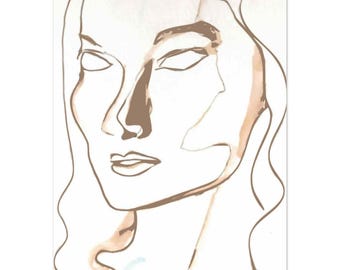 Vrouwelijke portretafdruk | Sepia-inkttekening | Minimalistische gezichtsmuurkunst | Essentialine