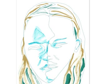 Portretprint in turquoise wassing