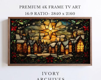 Samsung Frame TV Art, Stained Glass Christmas Star Village (Digital Download) 4034