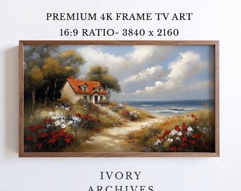 Coastal Cottage Samsung Frame TV Art, Vintage Wildflower Landscape (Digital Download) 2876