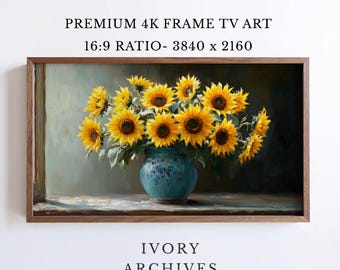 Vintage Sunflower Still Life Frame TV Art, Blue Vase Floral (Digital Download) 3436