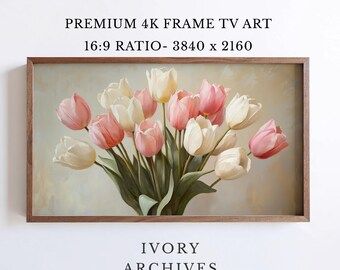 Samsung Frame TV Art, Soft Pink Tulip Bouquet Neutral Floral (Digital Download) 2444