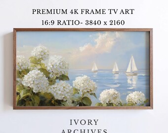 Coastal Sailboat Frame TV Art, White Hydrangeas Summer Decor (Digital Download) 2452