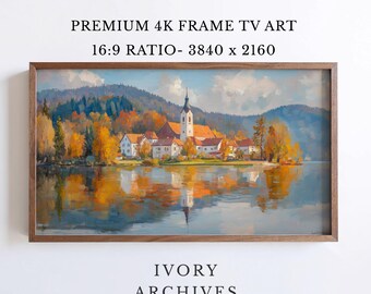 Vintage Lakeside Village Frame TV Art, Autumn European Landscape (Digital Download) 3689