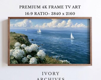 Coastal Sailboat Frame TV Art, White Hydrangea Cliffside Seascape (Digital Download) 2675